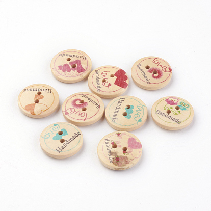 2-Hole Printed Wooden Buttons, Flat Round with Pattern & Word