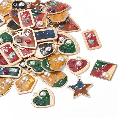 Epoxy Resin Pendants, with ABS Plastic and Enamel, Alloy or Brass Findings, Mixed Shapes, Golden & Matte Gold Color