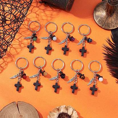 Брелки из натуральных смешанных драгоценных камней, с крестом из синтетической бирюзы и фурнитурой из сплава и железными разъемными кольцами для ключей