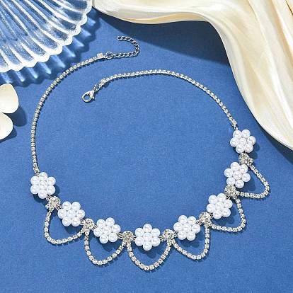 Plastic Pearl Beaded Flower Tassel Iron Crystal Rhinestone Tennis Bib Necklaces for Women, White