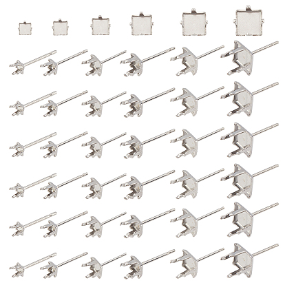 60Pcs 6 Style 201 Stainless Steel Stud Earring Settings, with 304 Stainless Steel Pin, Square