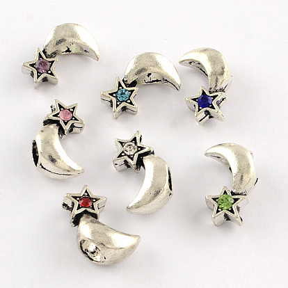Antique Silver Plated Moon and Star Metal Alloy Rhinestone European Beads, Large Hole Beads, 17x10~11x8mm, Hole: 5mm