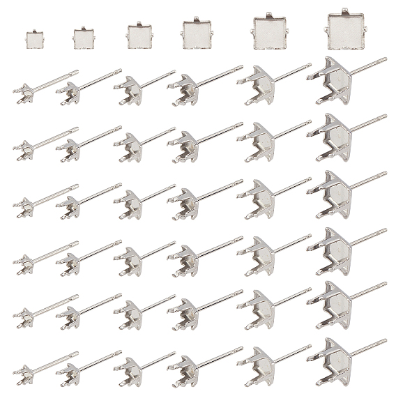 60Pcs 6 Style 201 Stainless Steel Stud Earring Settings, with 304 Stainless Steel Pin, Square
