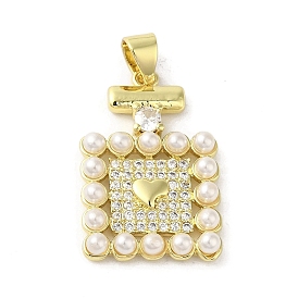 Rack Plating Brass Micro Pave Cubic Zirconia Pendants, Perfume Bottle with Plastic Imitation Pearl, Long-Lasting Plated, Cadmium Free & Lead Free