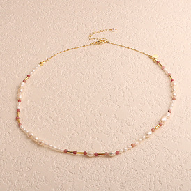 Ожерелья из натурального пресноводного жемчуга, риса и натурального родонита с ограненными круглыми бусинами, золотые