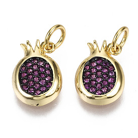 Brass Micro Pave Cubic Zirconia Charms, with Jump Ring, Nickel Free, Pomegranate, Purple