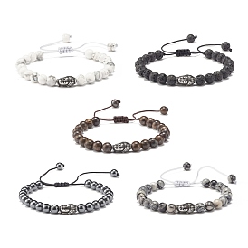 Round Natural Gemstone Braided Bead Bracelet with Buddha Head, Yoga Jewelry for Women, Antique Silver
