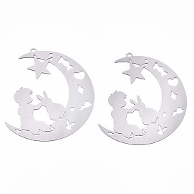 201 Stainless Steel Filigree Pendants, Etched Metal Embellishments, Moon with Star & Boy & Rabbit