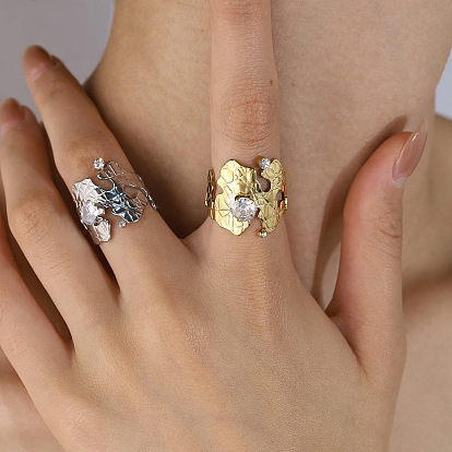 304 Stainless Steel & Clear Cubic Zirconia Cuff Open Rings, Nuggets