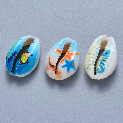 Printed Cowrie Shell Beads, No Hole/Undrilled, Marine Organism Pattern
