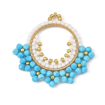 Faceted Round Natural Dyed Magnesite and Glass Seed Beaded Chakra Pendants, 304 Stainless Steel Ring with Flower Charms, Golden
