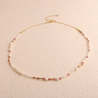 Ожерелья из натурального пресноводного жемчуга, риса и натурального родонита с ограненными круглыми бусинами, золотые