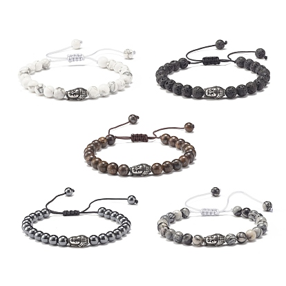 Round Natural Gemstone Braided Bead Bracelet with Buddha Head, Yoga Jewelry for Women, Antique Silver