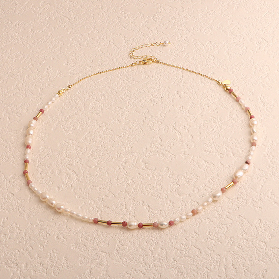 Ожерелья из натурального пресноводного жемчуга, риса и натурального родонита с ограненными круглыми бусинами, золотые