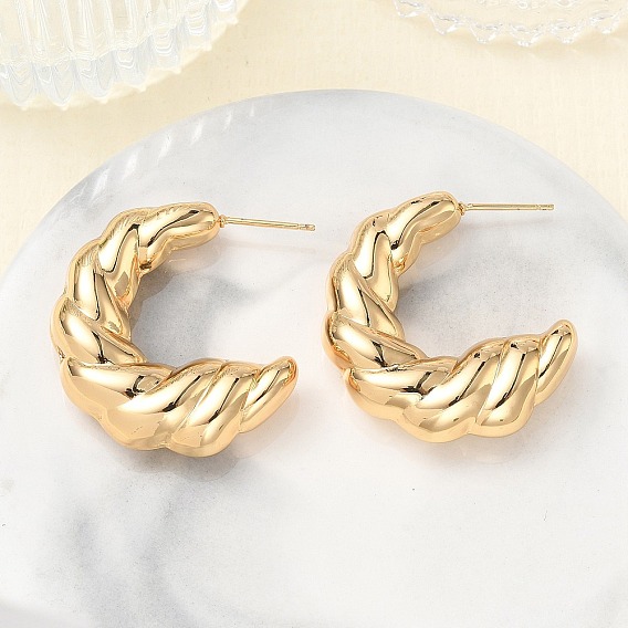 Twisted Brass Stud Earrings for Women, Half Hoop Earrings