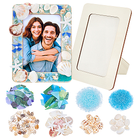 Наборы материалов для изготовления деревянных подставок для фоторамок своими руками на тему океана., включают стеклянные бусины, стеклянная мозаика, изделия из натуральных ракушек