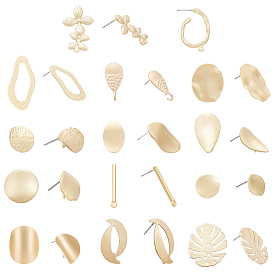 28Pcs 12 Style Smooth Surface Alloy Stud Earring Findings, with Loop and Steel Pin, with 50Pcs Plastic Ear Nuts, Wavy & Oval & Flower & Teardrop & Polygon