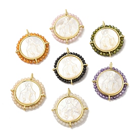 Rack Plating Brass Micro Pave Cubic Zirconia & Shell Pendants, Long-Lasting Plated, Cadmium Free & Lead Free, Real 18K Gold Plated, Flat Round with Virgin Mary Pattern Charms