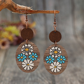 Деревянные болтаться серьги, овальный с узором из ромашек