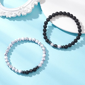 2 Браслеты из натуральной лавовой породы, синтетического говлита и гематита, эластичные, для женщин и мужчин., круглые