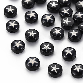 Handmade Lampwork Beads, with Platinum Plated Brass Embellishments, Flat Round with Star