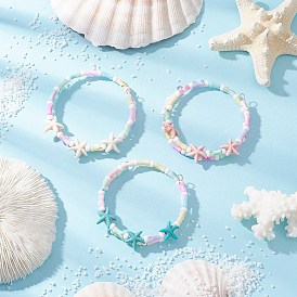 3шт. синтетические бирюзовые бусины эластичные браслеты для женщин, бамбук и морская звезда, со стеклянным бисером и бусинами из натуральных пресноводных ракушек