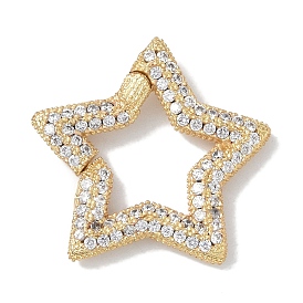 Rack Plating Brass Micro Pave Cubic Zirconia Spring Gate Rings Clasps, Cadmium Free & Lead Free, Long-Lasting Plated, Real 18K Gold Plated, Star