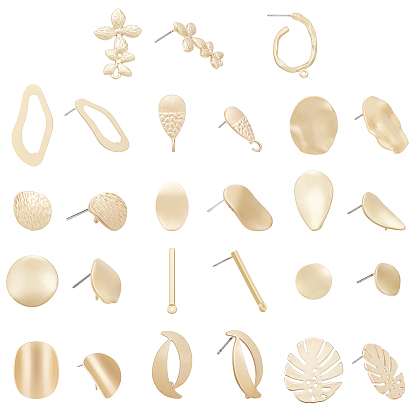 28Pcs 12 Style Smooth Surface Alloy Stud Earring Findings, with Loop and Steel Pin, with 50Pcs Plastic Ear Nuts, Wavy & Oval & Flower & Teardrop & Polygon