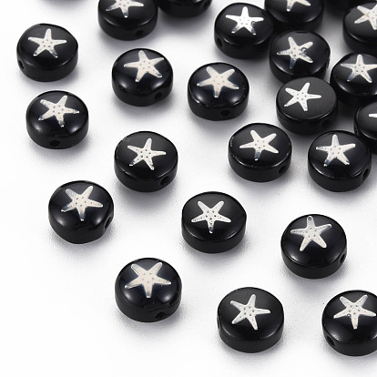 Handmade Lampwork Beads, with Platinum Plated Brass Embellishments, Flat Round with Star