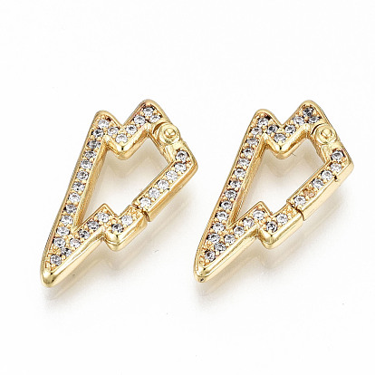 Brass Micro Pave Clear Cubic Zirconia Twister Clasps, Nickel Free, Lightning Bolt