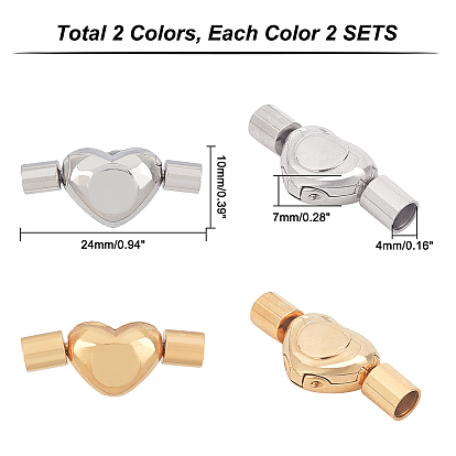 Unicraftale 4sets 2 Styles 304 Stainless Steel European Clasps, Ion Plating (IP) with Cord Ends, Heart