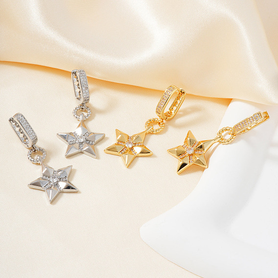 Минималистичные серьги-кольца из латуни с прозрачным кубическим цирконием в форме звезды