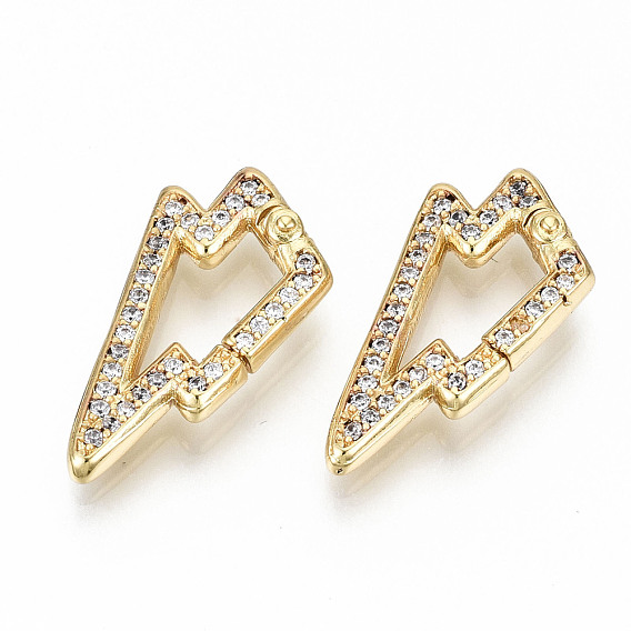 Brass Micro Pave Clear Cubic Zirconia Twister Clasps, Nickel Free, Lightning Bolt