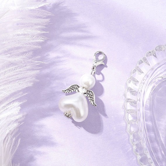 Подвеска в форме сердца ангела из стекла и АБС-пластика с имитацией жемчуга, с цинковым сплавом застежками омаров коготь