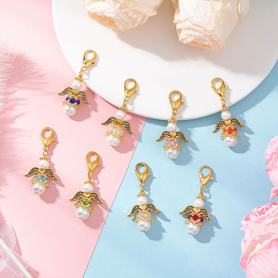 8 шт. подвесные украшения из стеклянного жемчуга и стекла в виде ангела, с золотой сплава когтя омара застежками