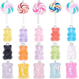Resin Pendants, with Platinum Plated Iron Findings and Handmade Polymer Clay Big Pendants, Sweets with Word & Bear & Lollipop