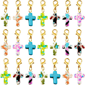 5Conjuntos de decoraciones colgantes de cruz de turquesa sintética, Dijes de cierres de pinza de langosta de aleación para adornos de bolsos