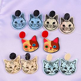 Colorful Cat Head Acrylic Earrings - Exaggerated Fashion Ear Jewelry for Women.