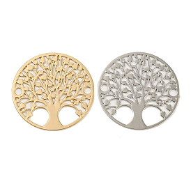 Rack Plating Brass Connector Charms, Long-Lasting Plated, Flat Round with Tree Etched Metal Embellishments
