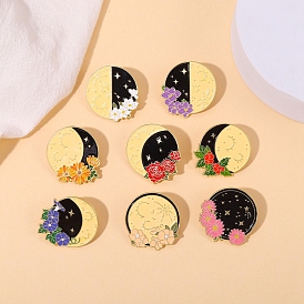 Spring Theme Alloy Brooches, Enamel Moon & Flower Lapel Pin, for Backpack Clothes, Golden