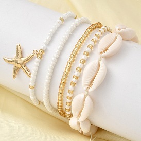 6шт. наборы браслетов для женщин, в том числе эластичные браслеты из АБС-пластика с бусинами, браслеты из натурального плетеного бисера из ракушек, 304 браслет из нержавеющей стали с подвесками