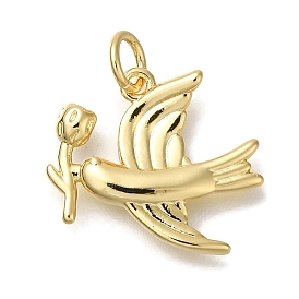 Rack Plating Brass Pendants, Cadmium Free & Lead Free, Long-Lasting Plated, Bird with Flower Charms, with Jump Ring