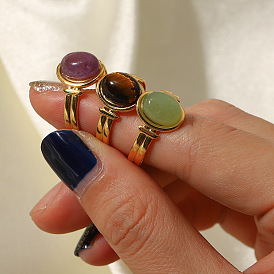 18K Gold Oval Tiger Eye/Green/Purple Semi-Precious Stone Open Ring for Women.