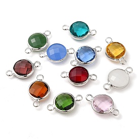 Brass Pave Faceted Glass Connector Charms, Platinum Plated Flat Round Links