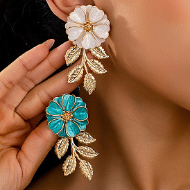 Серьги-гвоздики с эмалевым сплавом в виде цветка и листа, золотые