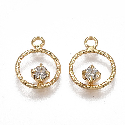 Brass Pendants, Nickel Free, Real 18K Gold Plated, with Cubic Zirconia, Ring, Clear