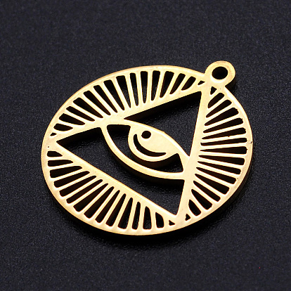 201 Stainless Steel Pendants, Filigree Joiners Findings, Laser Cut, Flat Round with Eye, All Seeing Eye