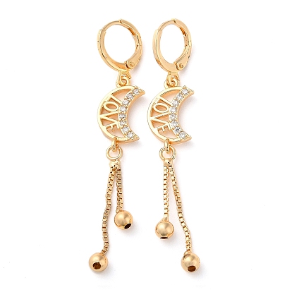 Rhinestone Moon with Love Leverback Earrings, Brass Chains Tassel Earrings for Women
