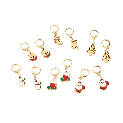 Brass Huggie Hoop Earrings for Christmas, with 316 Surgical Stainless Steel Enamel Charms, Mixed Shapes, Real 14K Gold Plated