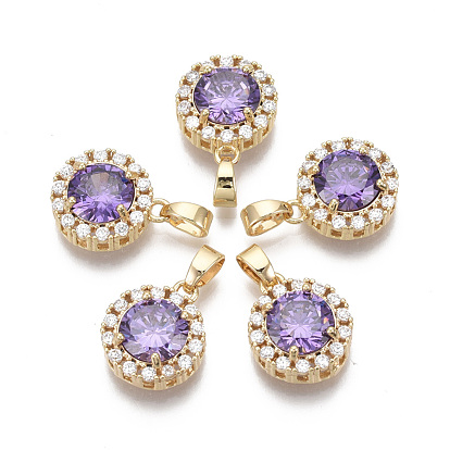 Brass Micro Pave Cubic Zirconia Charms, with Glass and Brass Snap on Bails, Nickel Free, Real 18k Gold Plated, Flat Round
